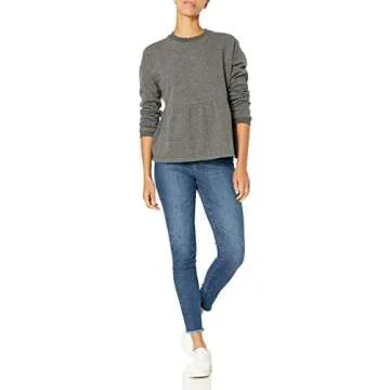 Goodthreads Women's Heritage Fleece Long Sleeve Crewneck Cropped Peplum Sweatshirt, Charcoal/White, X-Small