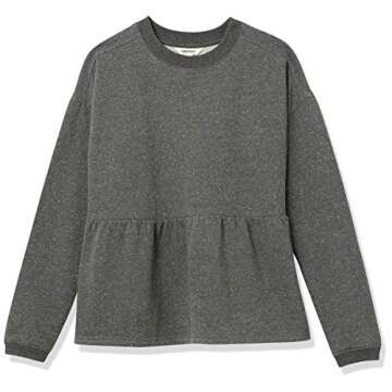 Goodthreads Women's Heritage Fleece Long Sleeve Crewneck Cropped Peplum Sweatshirt, Charcoal/White, X-Small