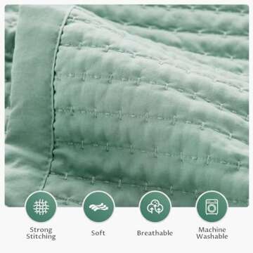KASENTEX Quilt Mini Set-Stone Washed-Super Soft Bedspread - Lightweight Reversible Down Alternative Microfiber Fill - Machine Washable-Solid Colors, Full/Queen +2 Shams, Green
