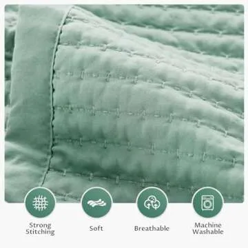 KASENTEX Quilt Mini Set-Stone Washed-Super Soft Bedspread - Lightweight Reversible Down Alternative Microfiber Fill - Machine Washable-Solid Colors, Full/Queen +2 Shams, Green
