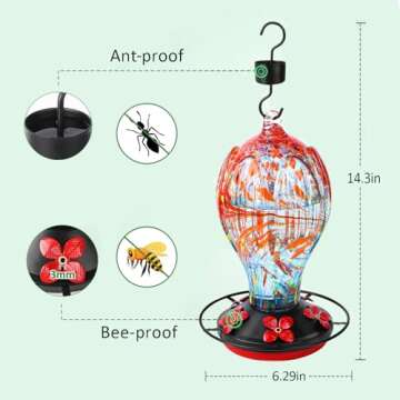 30 Ounces Glass Hummingbird Feeders for Outdoors Hanging, Blown Glass Humming Birds Feeders for Outside with Perch Leak Proof,Hummingbird Gifts for Women(Red)
