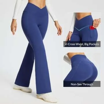 BALEAF Women's Flare Leggings with Pockets High Waisted Yoga Pants Casual Workout Wide Leg Pants Navy Blue 29" M