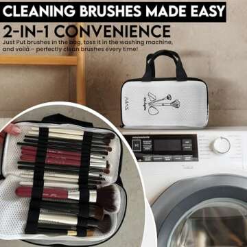 ZAIIA 2-in-1 Makeup Brush Bag & Cleaner – Wash Up to 40 Brushes in Washing Machine | Travel-Friendly, Durable Makeup Brush Case | Convenient Makeup Brush Cleaner & Holder (White, 9x4.7x2.6 in)