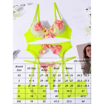Kaei&Shi Garter Lingerie for Women,Underwire Floral Embroidered Sheer Lace Lingerie,G-String Matching Thigh Bands 4 Piece Sexy Lingerie Set Boudoir Fluorescent Green Medium