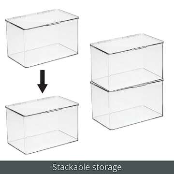 mDesign Plastic Kitchen Pantry and Fridge Storage Organizer Box Containers with Hinged Lid for Shelves or Cabinets, Holds Food, Snacks, Canned Drinks, Seasoning, Lumiere Collection, 2 Pack, Clear