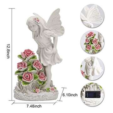 Garden Figurines Angel Garden Statue Outdoor Decor, Solar Powered Resin Sculpture with 5 LEDs Art De...