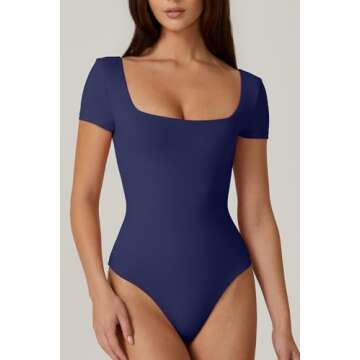 QINSEN Womens Short Sleeve Slim Fitted Bodysuit Top Casual Square Neck Tight T Shirts Navy Blue L