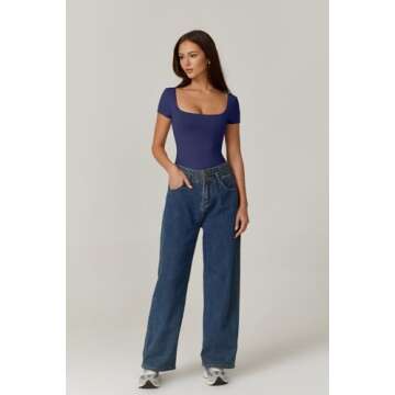 QINSEN Womens Short Sleeve Slim Fitted Bodysuit Top Casual Square Neck Tight T Shirts Navy Blue L