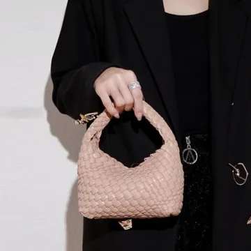 Small Hand Woven Handbags for Women Shoulder Crossbody Bag Girls Purses Cassual Top Handle Bags Hobo Curved Tote Phone Bag (Apricot)