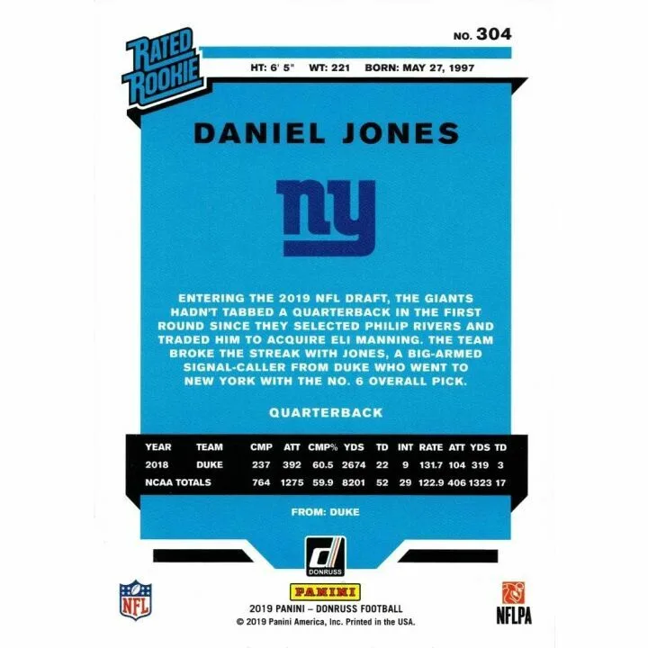 Daniel Jones 2019 Donruss Rated Rookie Card - #304