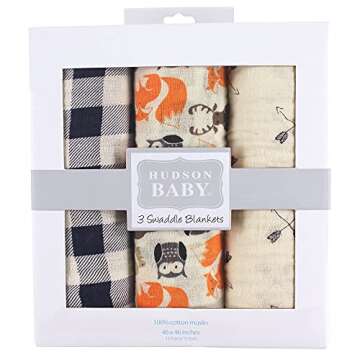 Hudson Baby Unisex Baby Cotton Muslin Swaddle Blankets, Forest, 3-Pack