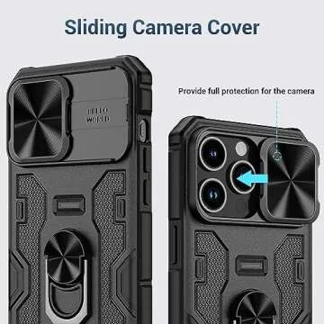 NULETO for iPhone 15 Pro Max Case with Rotatable Kickstand, Slid Camera Cover and Screen Protector, Magnetic Protective Phone Case for iPhone 15 ProMax 6.7 with Ring Holder Stand and Magnet, Black