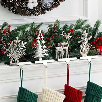 NIGHT-GRING Christmas Stocking Holder - Set of 4 Bronze Stocking Hangers Snowman Santa Snowflakes Ch...