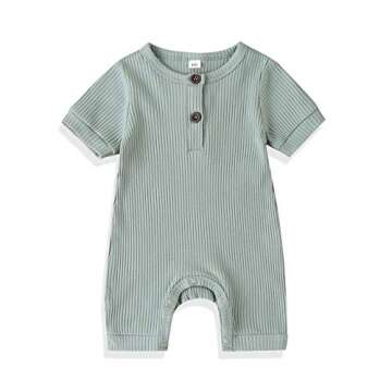 GuliriFei Baby Girls Boy Ribbed Romper Short Sleeve One Piece Jumpsuit Solid Color Romper (6-9 Months, B Light Green)