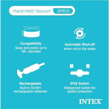 Intex Handheld Pool Vacuum Cleaner Rechargeable 94 Inch Telescoping Shaft and 2 Interchangeable Brush Heads for Above Ground Swimming Pool and Spa