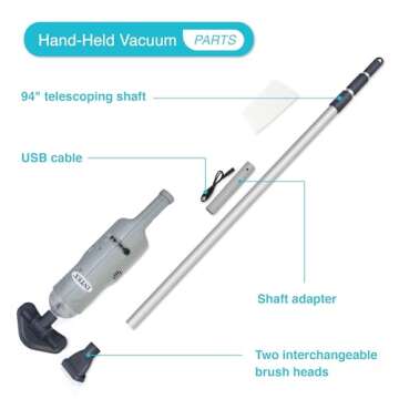 Intex Handheld Pool Vacuum Cleaner Rechargeable 94 Inch Telescoping Shaft and 2 Interchangeable Brush Heads for Above Ground Swimming Pool and Spa