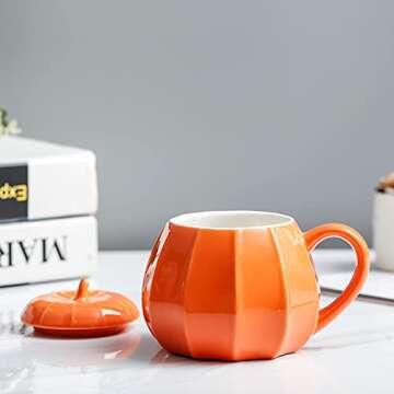 HUISHENG Pumpkin Mug with Lid - Coffee Cup | Autumn Mug Great for Halloween & Thanksgiving - Gift Idea for Women Wife Mom Her Girls Teacher Friends
