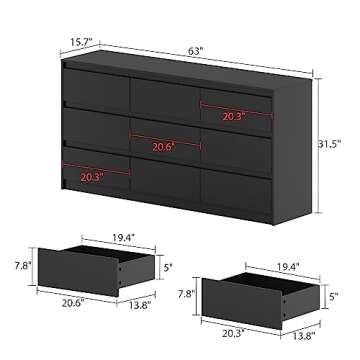 Hitow Dresser for Bedroom with 9 Deep Drawers, Large Modern Chest of Drawers Handle Free, Freestanding Black Long Dressers for Closet Living Room, Ball Bearing Slide (63" W x 15.7" D x 31.5" H)