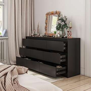Hitow Dresser for Bedroom with 9 Deep Drawers, Large Modern Chest of Drawers Handle Free, Freestanding Black Long Dressers for Closet Living Room, Ball Bearing Slide (63" W x 15.7" D x 31.5" H)