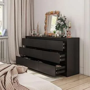 Hitow Dresser for Bedroom with 9 Deep Drawers, Large Modern Chest of Drawers Handle Free, Freestanding Black Long Dressers for Closet Living Room, Ball Bearing Slide (63" W x 15.7" D x 31.5" H)