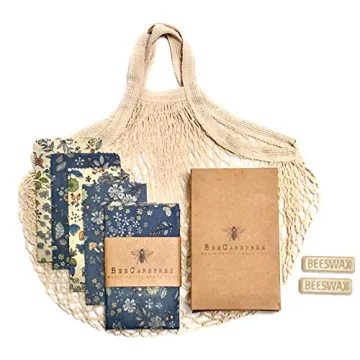 Eco-Friendly Reusable Beeswax Food Wraps - 4 Pack with Produce Bag & Beeswax Bars - Sustainable Kitc...
