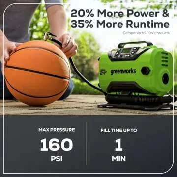 Greenworks 24V Cordless Tire Inflator, 160 PSI Portable Air Compressor, 2 Power Sources, Auto Shut Off, for Car, Bicycle, Motorcycle, Air Boat, Inflatables With 2.0 Ah Battery & 2A Charger