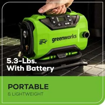 Greenworks 24V Cordless Tire Inflator, 160 PSI Portable Air Compressor, 2 Power Sources, Auto Shut Off, for Car, Bicycle, Motorcycle, Air Boat, Inflatables With 2.0 Ah Battery & 2A Charger