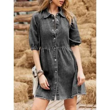 Pepochic Womens Summer Denim Dress Button Down Short Sleeve Babydoll Dress Puff Sleeve Flowy Jean Dress Black
