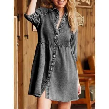 Pepochic Womens Summer Denim Dress Button Down Short Sleeve Babydoll Dress Puff Sleeve Flowy Jean Dress Black