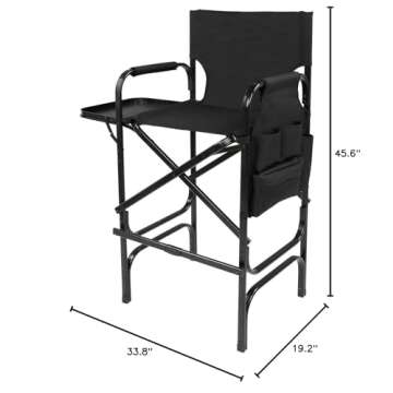 OmySalon 31" Tall Directors Chair Black Folding with Side Table Storage Bag,Aluminum Frame 300 lbs Capacity, 33.8" L x 19.2" W x 45.6" H,Portable Makeup Artist Bar Height