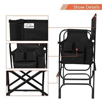OmySalon 31" Tall Directors Chair Black Folding with Side Table Storage Bag,Aluminum Frame 300 lbs Capacity, 33.8" L x 19.2" W x 45.6" H,Portable Makeup Artist Bar Height