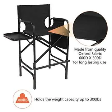 OmySalon 31" Tall Directors Chair Black Folding with Side Table Storage Bag,Aluminum Frame 300 lbs Capacity, 33.8" L x 19.2" W x 45.6" H,Portable Makeup Artist Bar Height
