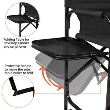 OmySalon 31" Tall Directors Chair Black Folding with Side Table Storage Bag,Aluminum Frame 300 lbs Capacity, 33.8" L x 19.2" W x 45.6" H,Portable Makeup Artist Bar Height