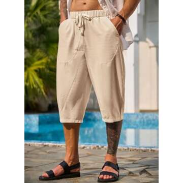 JMIERR Mens Linen Capri Pants Casual Drawstring Yoga Pants Baggy Harem Pants Wide Leg Beach Capris U...