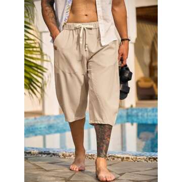 JMIERR Mens Linen Capri Pants Casual Drawstring Yoga Pants Baggy Harem Pants Wide Leg Beach Capris US 34(M) Parchment