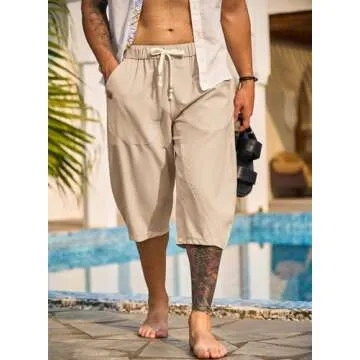 JMIERR Mens Linen Capri Pants Casual Drawstring Yoga Pants Baggy Harem Pants Wide Leg Beach Capris US 34(M) Parchment