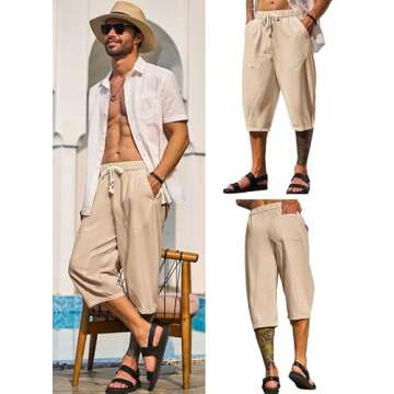 JMIERR Mens Linen Capri Pants Casual Drawstring Yoga Pants Baggy Harem Pants Wide Leg Beach Capris US 34(M) Parchment