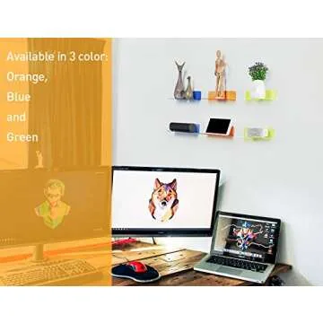 OAPRIRE Small Acrylic Floating Wall Shelves Set of 2, Flexible Use of Wall Space, 9 Inch Adhesive Display Shelf for Security Cameras/Smart Speaker/Action Figures, with Cable Clips - Clear Orange