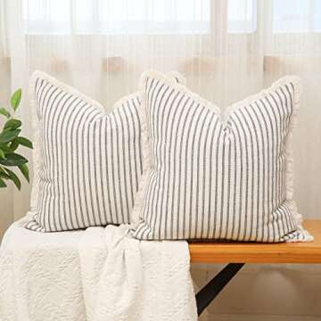 Hckot Throw Pillow Covers 18x18 Set of 2 Striped Pillow Covers with Fringe Chic Cotton Decorative Pi...