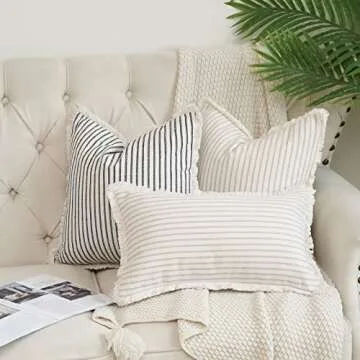 Hckot Throw Pillow Covers 18x18 Set of 2 Striped Pillow Covers with Fringe Chic Cotton Decorative Pillows Square Cushion Covers for Sofa Couch Bed Living Room Farmhouse Decor,Grey