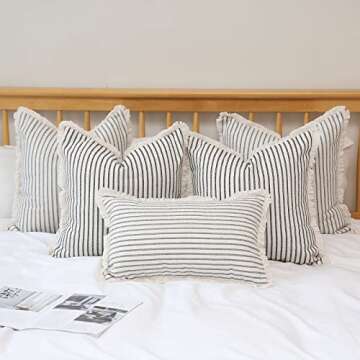 Hckot Throw Pillow Covers 18x18 Set of 2 Striped Pillow Covers with Fringe Chic Cotton Decorative Pillows Square Cushion Covers for Sofa Couch Bed Living Room Farmhouse Decor,Grey