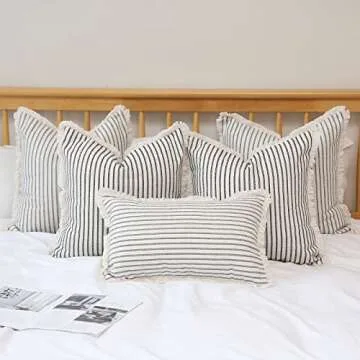 Hckot Throw Pillow Covers 18x18 Set of 2 Striped Pillow Covers with Fringe Chic Cotton Decorative Pillows Square Cushion Covers for Sofa Couch Bed Living Room Farmhouse Decor,Grey