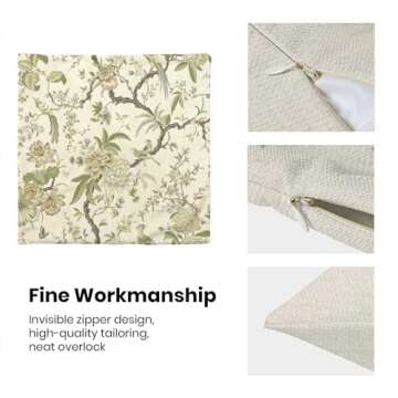 CXMEIFLY Spring Floral Birds Pillow Covers 20 x 20 Inch Set of 2 for Chinoiserie Flowers Decor Throw Pillows Sage Green Plant Outdoor Decorative Cushion Cases for Couch Bed Decorations