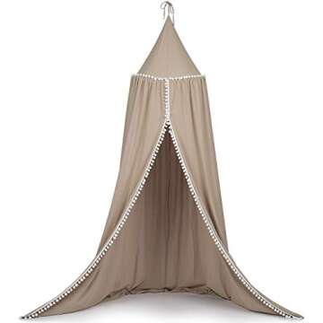 TILLYOU Princess Cotton Collection Nursery Bed Canopy for Girls, Fits Standard/Mini Baby Crib, Toddler Bed, Reading & Playing Nook, Hanging Game Tent for Kids Bedroom, Round Dome Net, Khaki