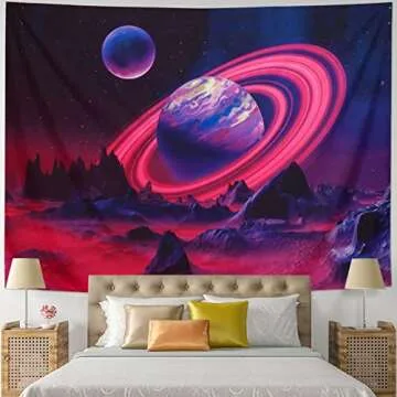 Leofanger Blacklight Trippy Planet Tapestry UV Reactive Mountain Wall Tapestry Galaxy Space Tapestry Starry Night Sky Tapestry Wall Hanging for Home Decor(51.2"x59.1")