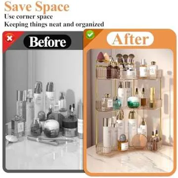 SUNZOS Corner Bathroom Counter Organizer, 3-Tier Countertop Perfume Tray Organizer with Makeup Brush Holder, Vanity Makeup Cosmetic Storage for Dresser