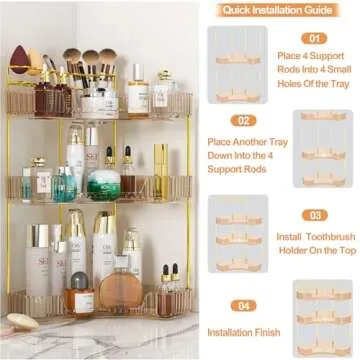 SUNZOS Corner Bathroom Counter Organizer, 3-Tier Countertop Perfume Tray Organizer with Makeup Brush Holder, Vanity Makeup Cosmetic Storage for Dresser