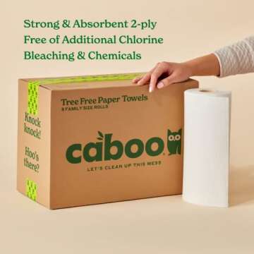Caboo Tree Free Paper Towels, 2 Rolls, Tree Free, Eco Friendly, Earth Friendly, Sustainable Kitchen Paper Towels with Strong 2 Ply Sheets