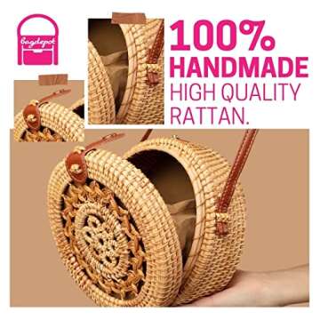 BAGDEPOT Handwoven Round Rattan Purse | Crossbody Wicker Purse for Women with Genuine Leather Straps Perfect for Summer Beach (Sunflower)