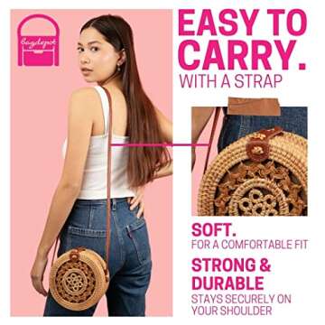 BAGDEPOT Handwoven Round Rattan Purse | Crossbody Wicker Purse for Women with Genuine Leather Straps Perfect for Summer Beach (Sunflower)